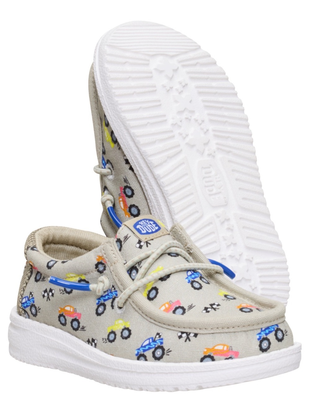 Hey Dude Kids Grey Canvas Shoes with Blue, Yellow and Orange Car Print